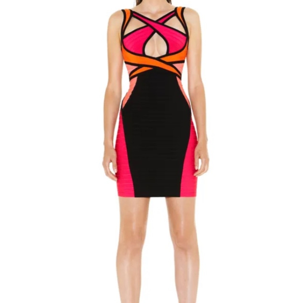 Herve Leger black, orange and pink bandage dress